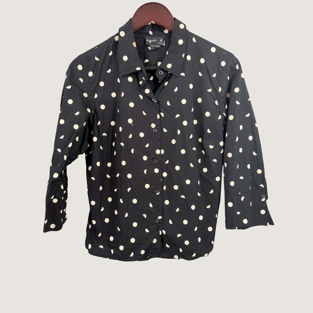 agnes b. Paris Black Polka Dot Button Up Shirt Size 38 100% Cotton